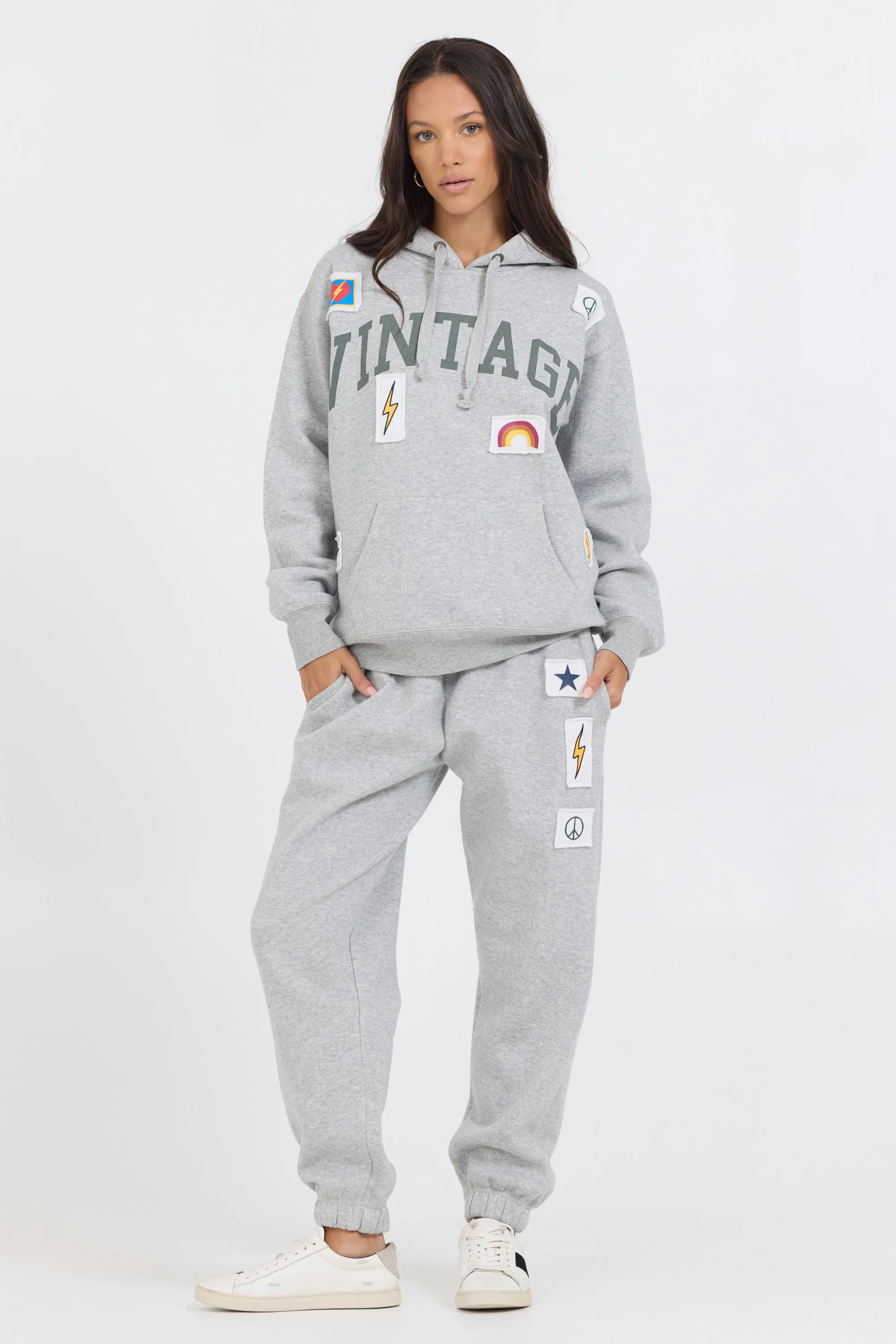 Vintage Havana Heather Grey Novelty Patch Hoodie