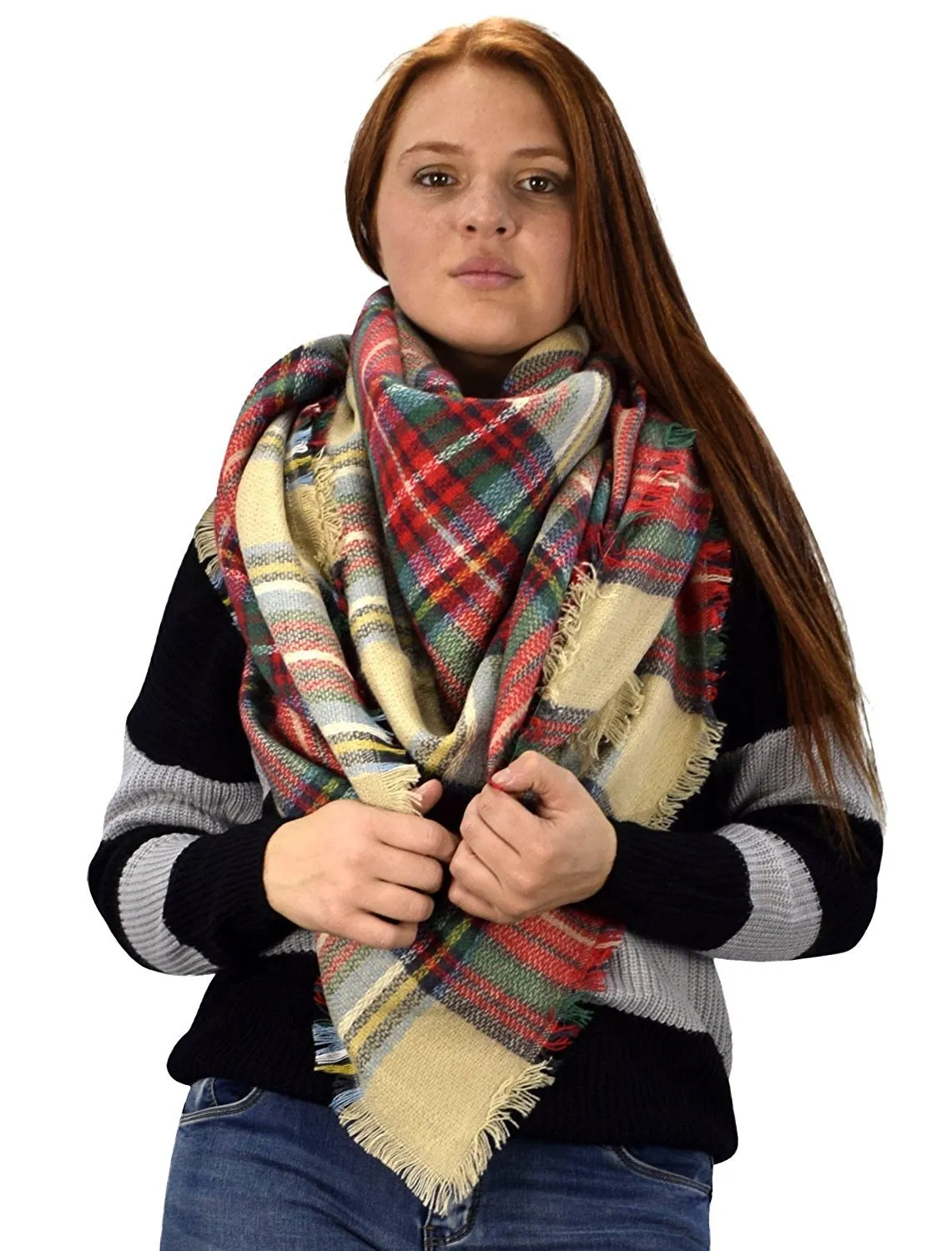 Warm Woven Oversized Tartan Plaid Blanket Scarf Shawl Tan