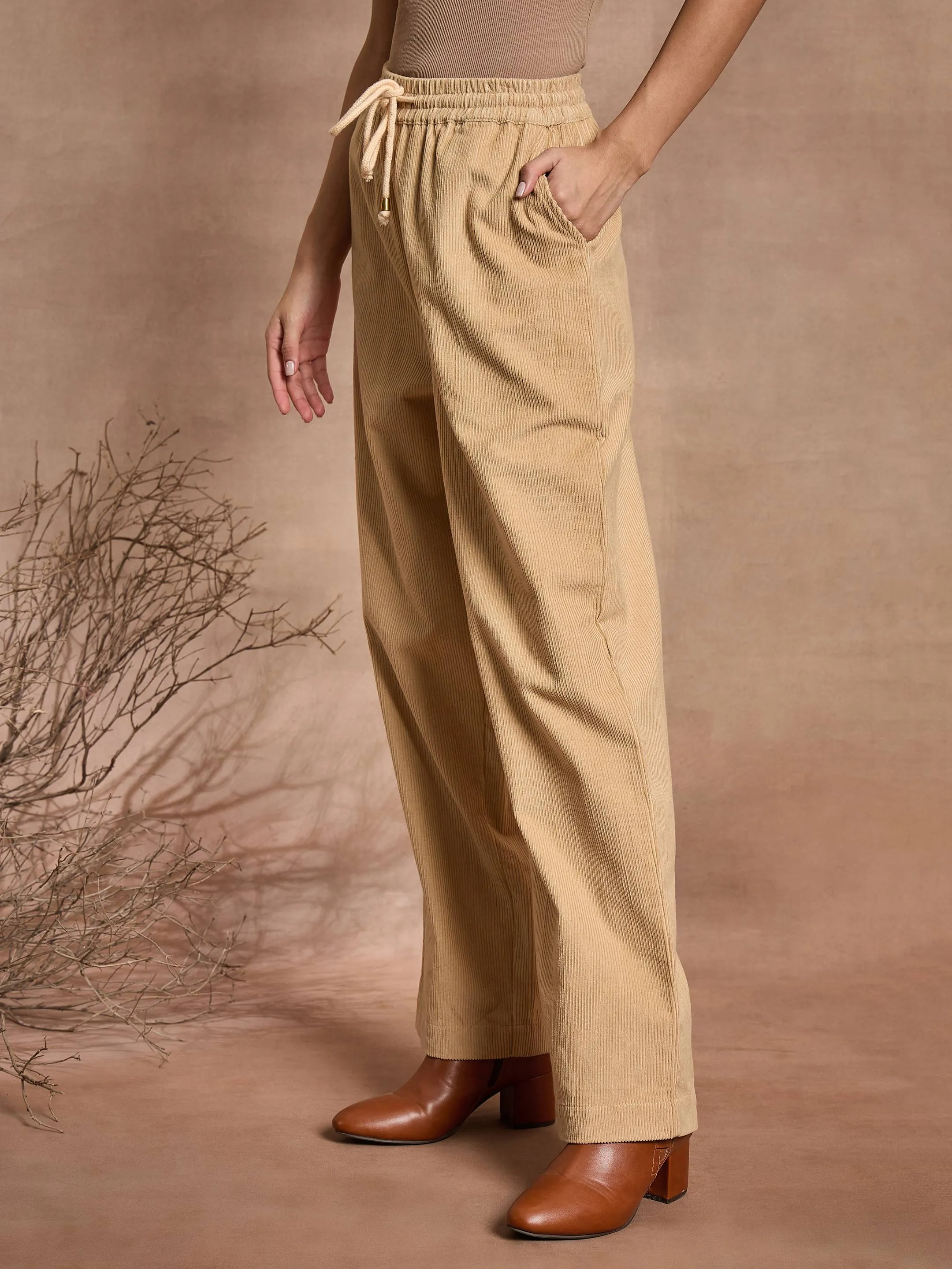 Women Beige Corduroy Straight Pants