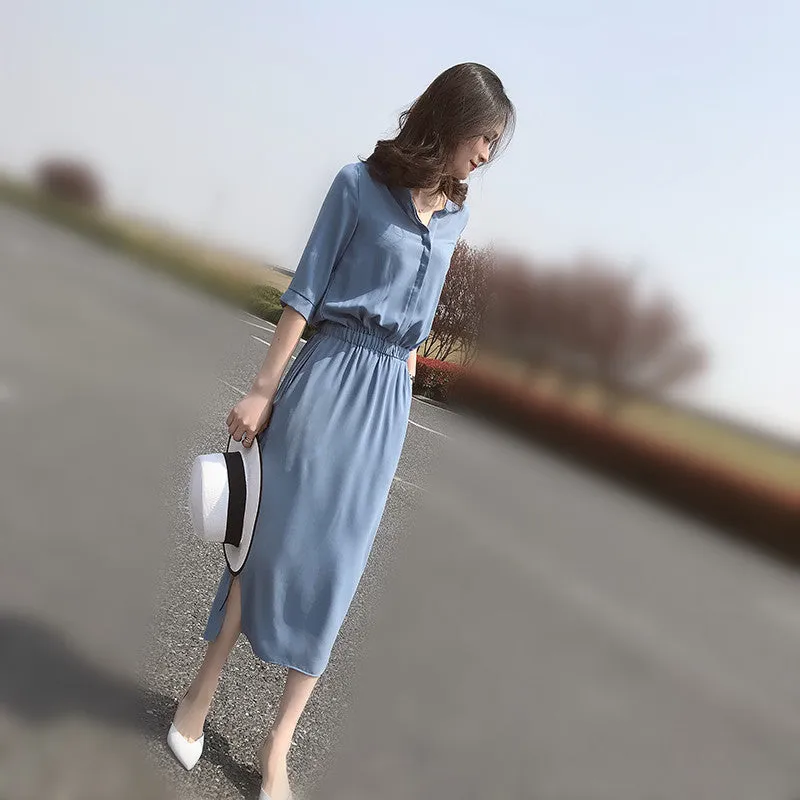 Women Korean Blue Splitted Slim Look Elegant Chiffon Dress Chiffon Dress