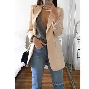 Women slim fit long sleeve turn-down collar suit overcoat