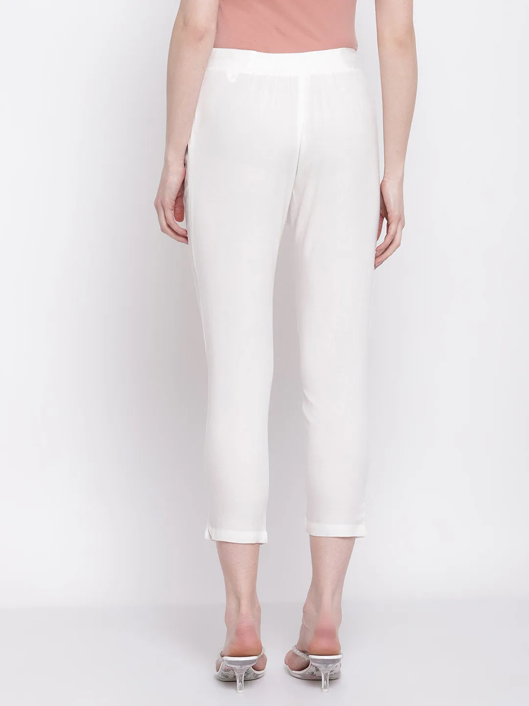 Women's Regular Slim Fit Offwhite Flat Front Mid rise Ethnic Pant