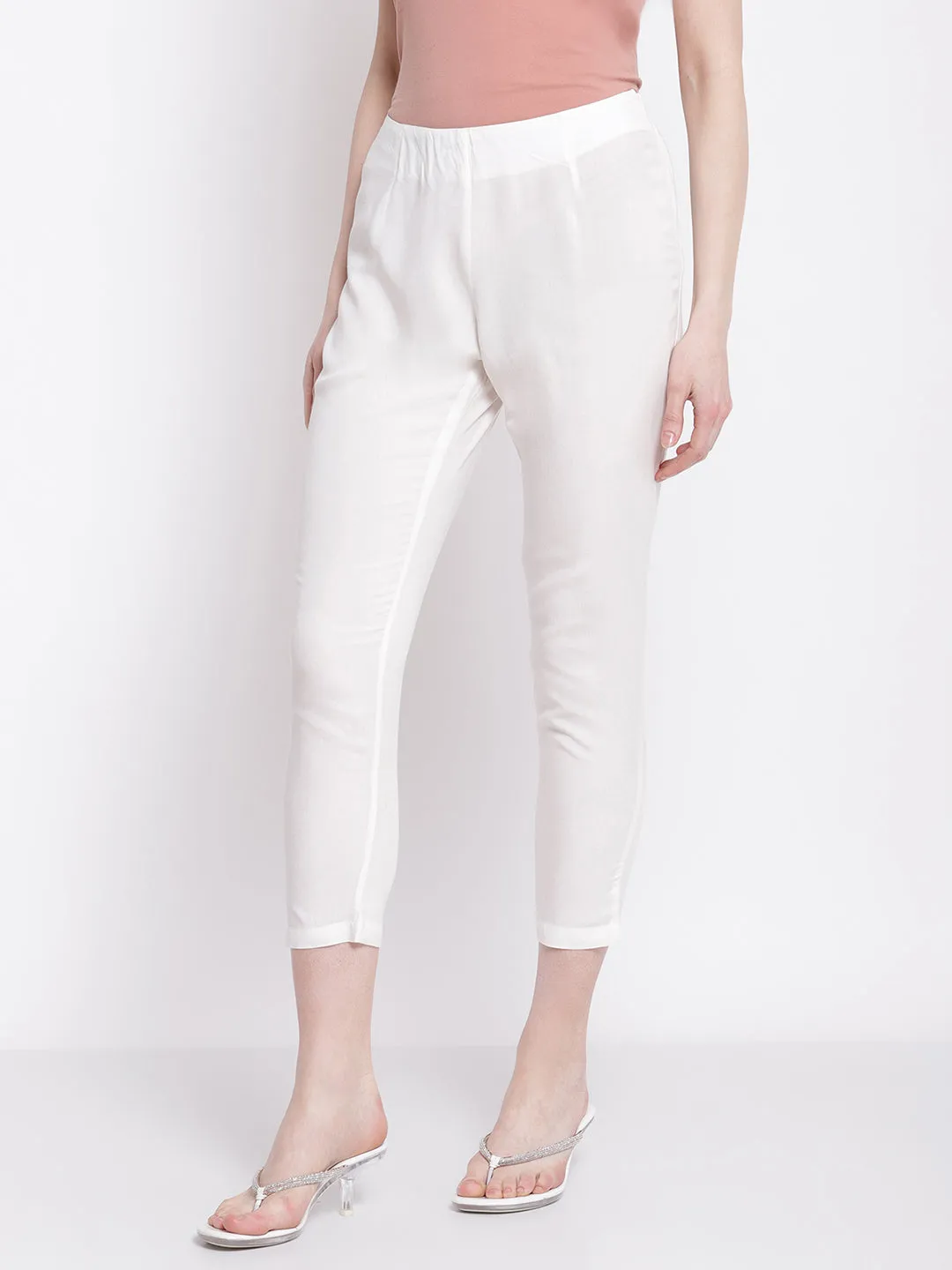 Women's Regular Slim Fit Offwhite Flat Front Mid rise Ethnic Pant