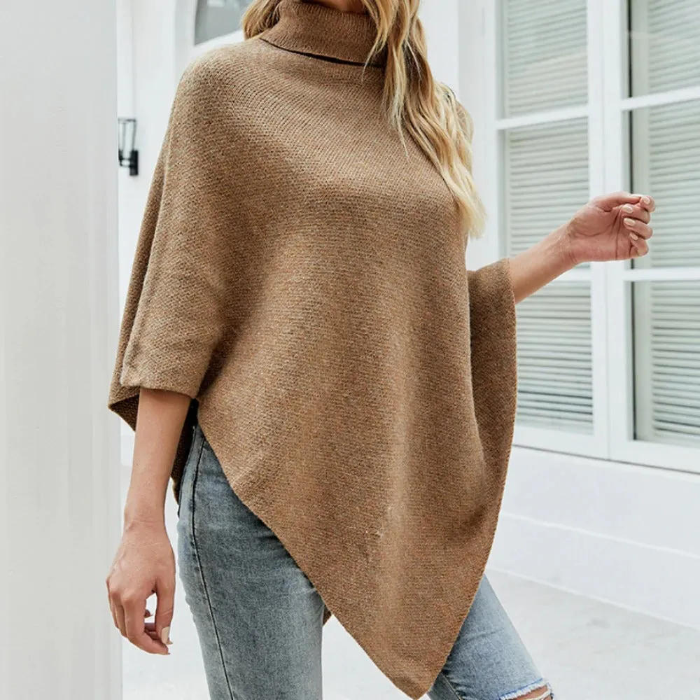 Womens Turtleneck Poncho with Side Buttons Details