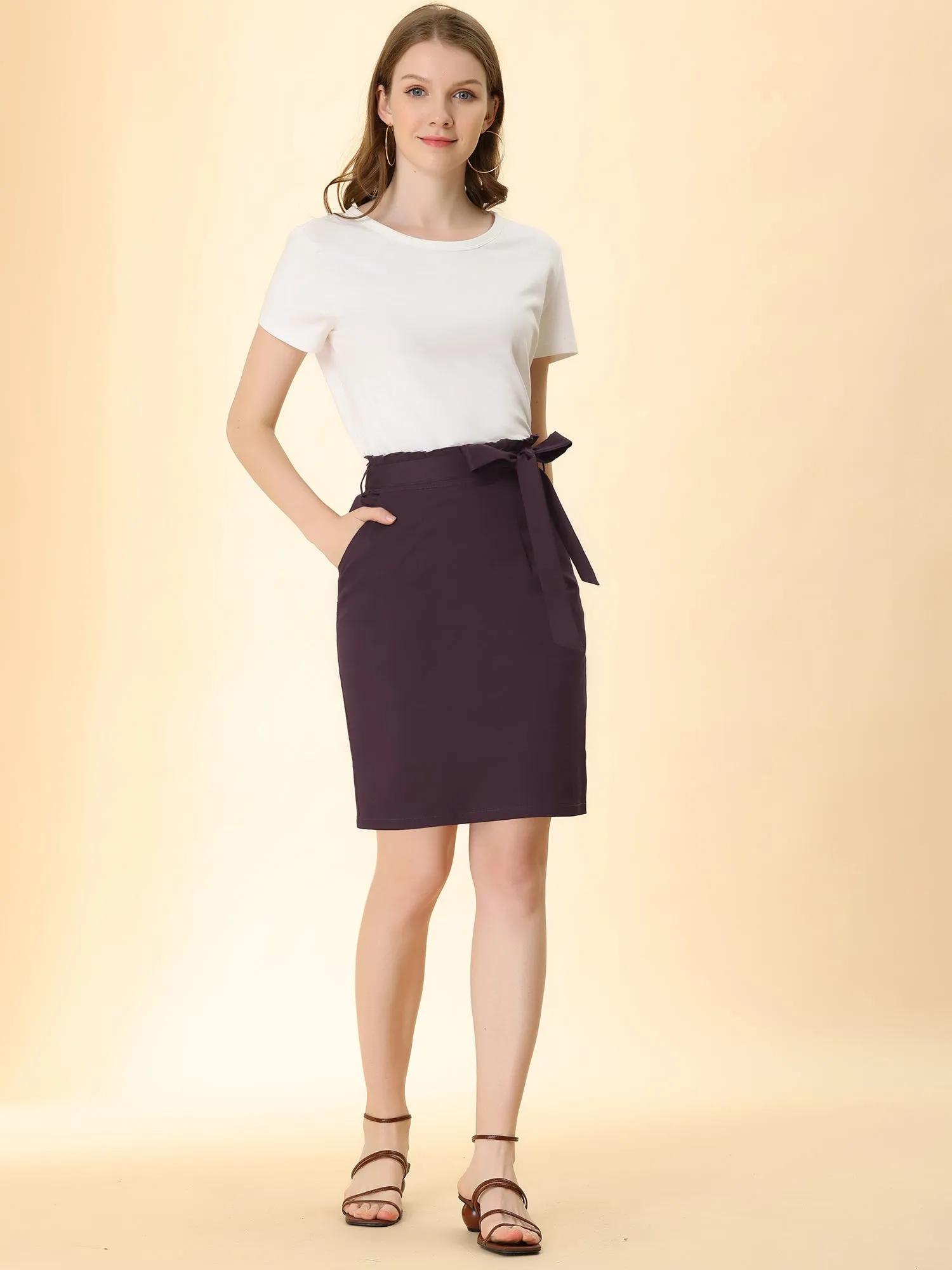 Workwear Paperbag Elastic Waist Cotton Side Pockets Pencil Skirt