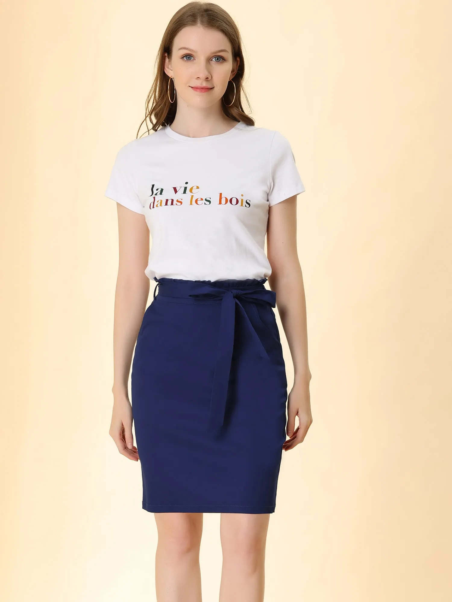 Workwear Paperbag Elastic Waist Cotton Side Pockets Pencil Skirt