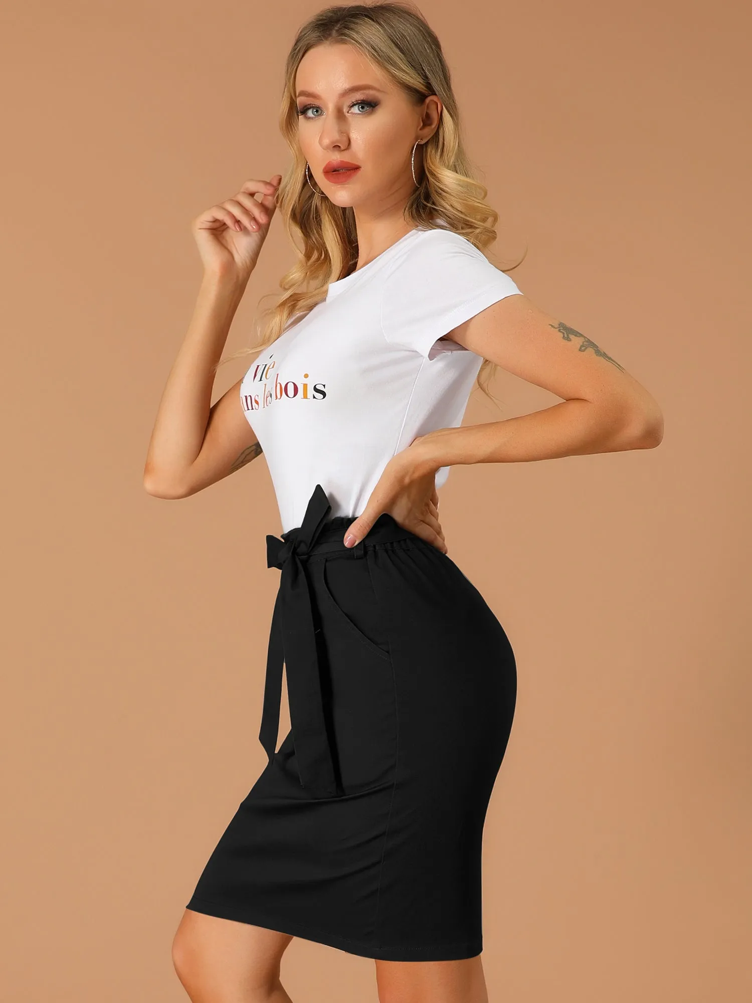 Workwear Paperbag Elastic Waist Cotton Side Pockets Pencil Skirt