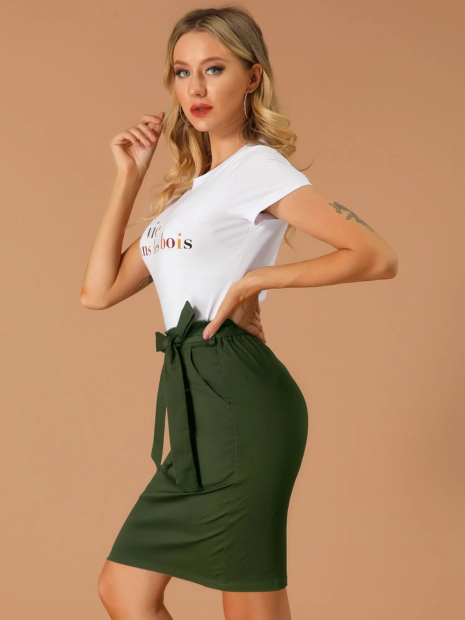 Workwear Paperbag Elastic Waist Cotton Side Pockets Pencil Skirt