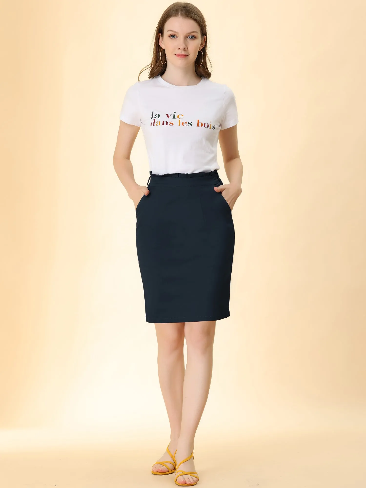 Workwear Paperbag Elastic Waist Cotton Side Pockets Pencil Skirt