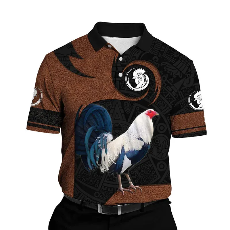 Xl-3xl Rooster Graphic 3D  Men's Summer Button Down Collar Polo Shirts Casual Short Sleeve.