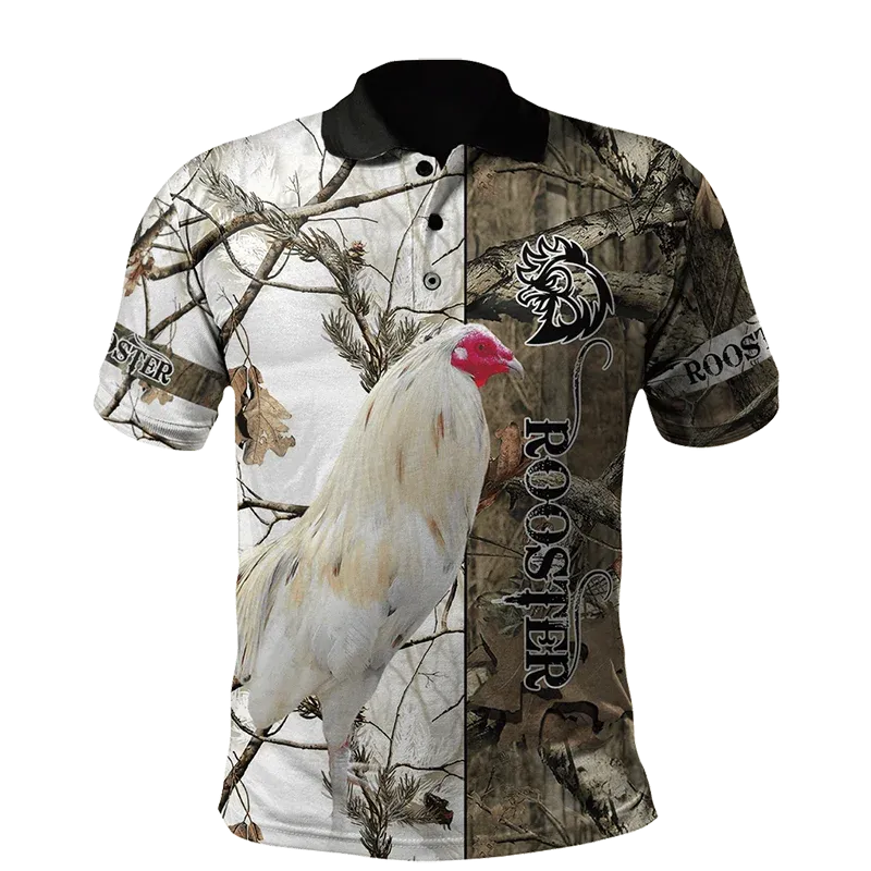 Xl-3xl Rooster Graphic 3D  Men's Summer Button Down Collar Polo Shirts Casual Short Sleeve.