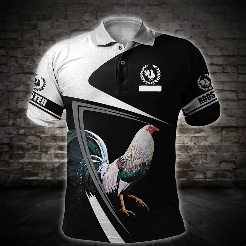 Xl-3xl Rooster Graphic 3D  Men's Summer Button Down Collar Polo Shirts Casual Short Sleeve.