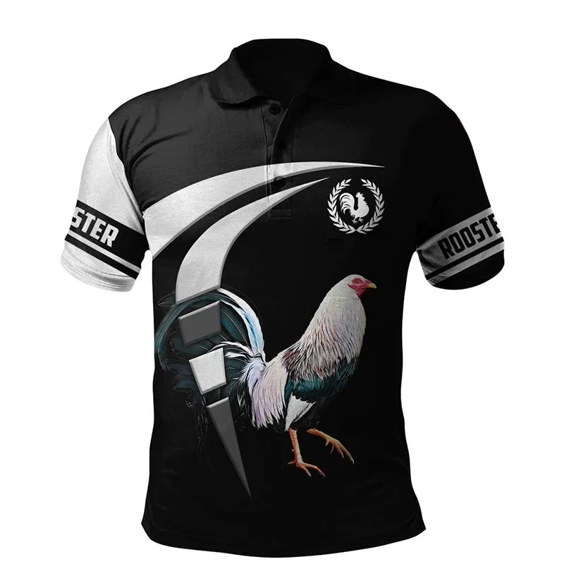 Xl-3xl Rooster Graphic 3D  Men's Summer Button Down Collar Polo Shirts Casual Short Sleeve.